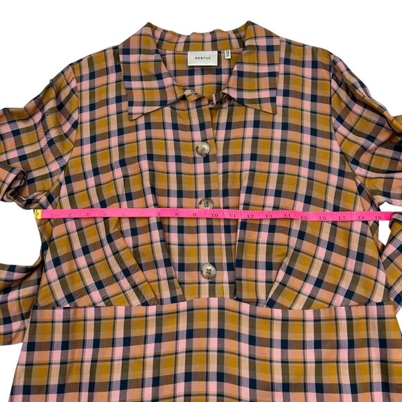 Gestuz Womens Tan Plaid Tie Waist AcieGZ Town & Country Half Button Dress Sz 40 - Picture 9 of 12